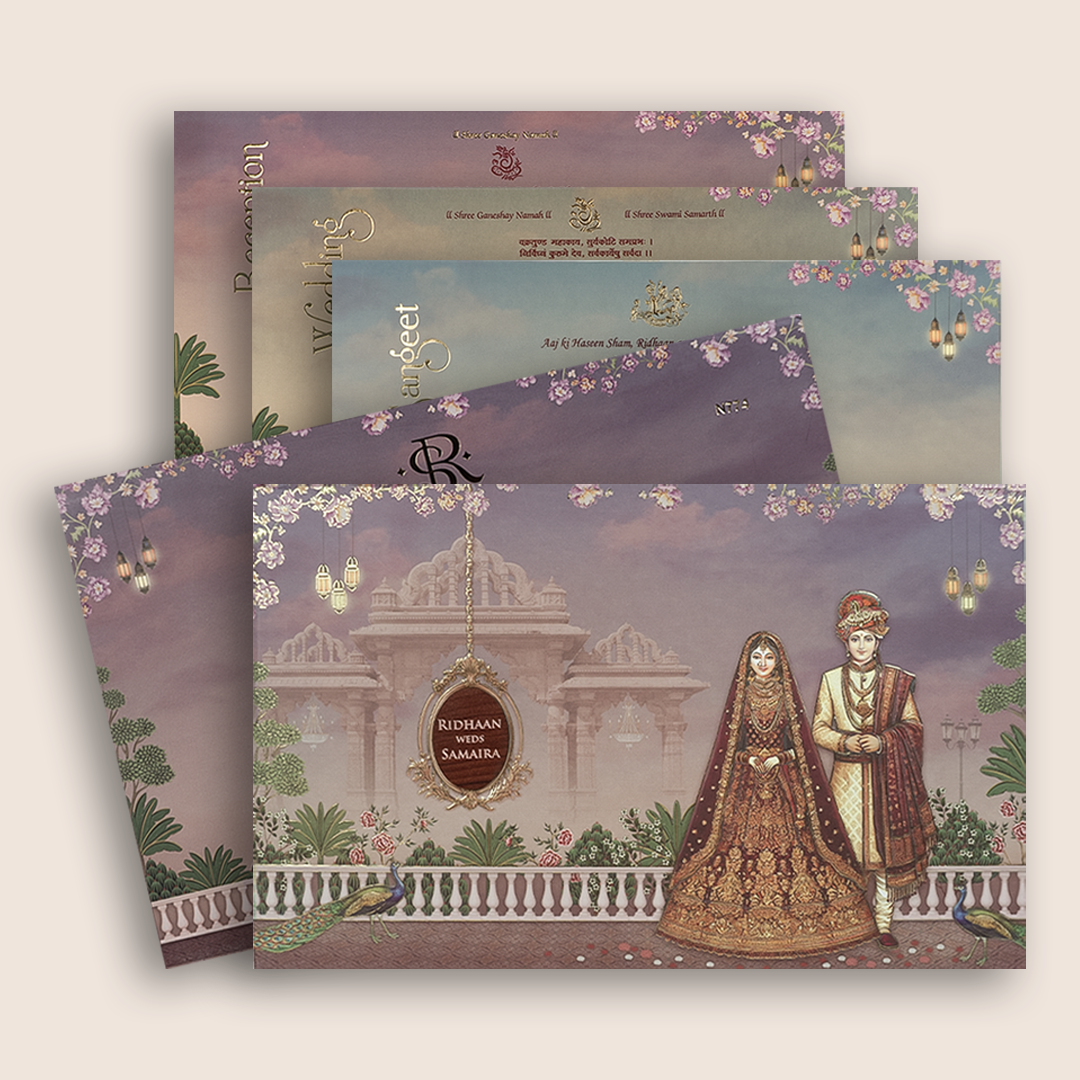 Purple Embossed Bride Groom Padded Wedding Card - KVN07740