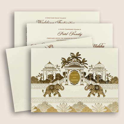 Ivory Jharokha Elephant Padded Invitation Card - KRE29270