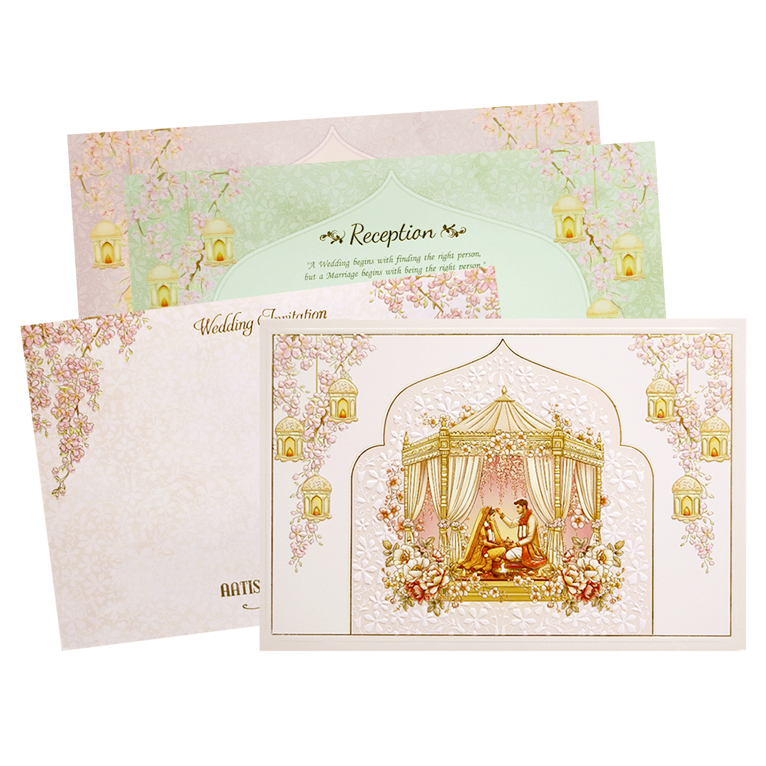 Check out Cream Gold Mandap Floral Padded Wedding Card at best price. ?WhatsApp Support ?Express Delivery.