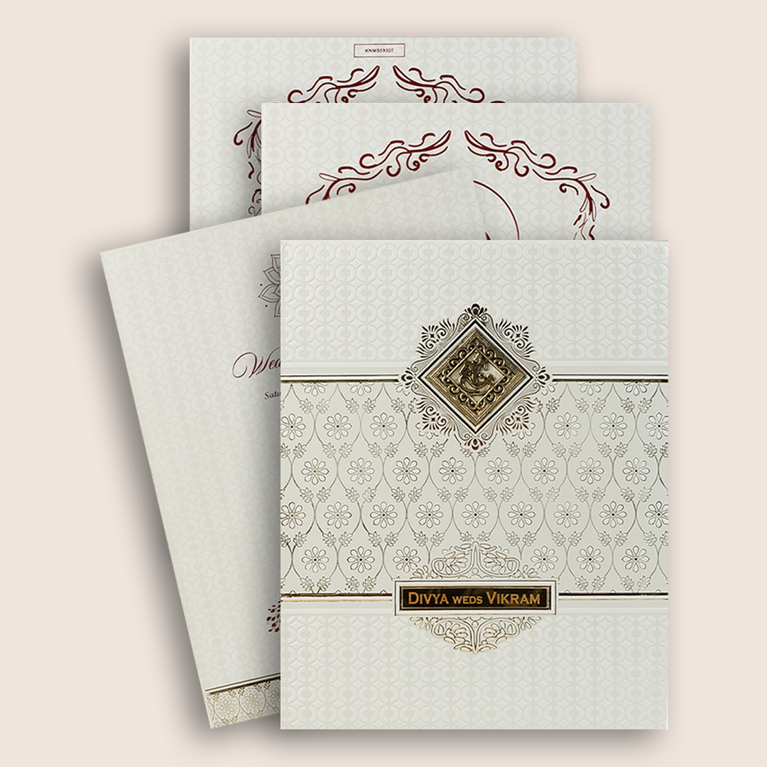 White Gold Floral Padded Wedding Card-KNMS9307