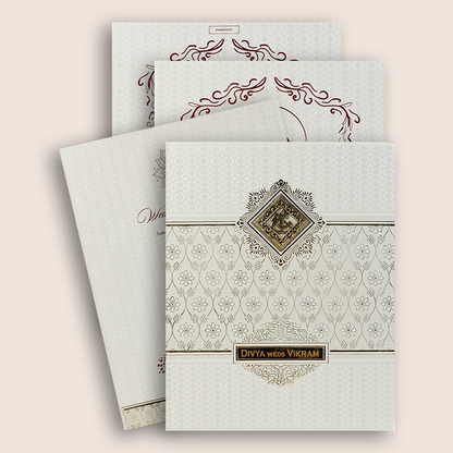 White Gold Floral Padded Wedding Card-KNMS9307
