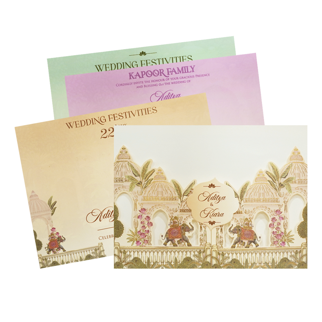 Cream Palace Elephant Procession Openable Wedding Card - KFR16430
