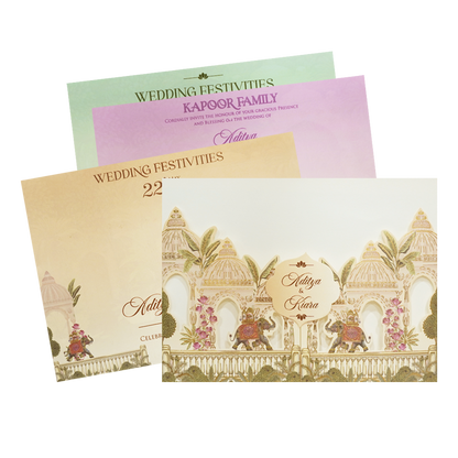 Cream Palace Elephant Procession Openable Wedding Card - KFR16430
