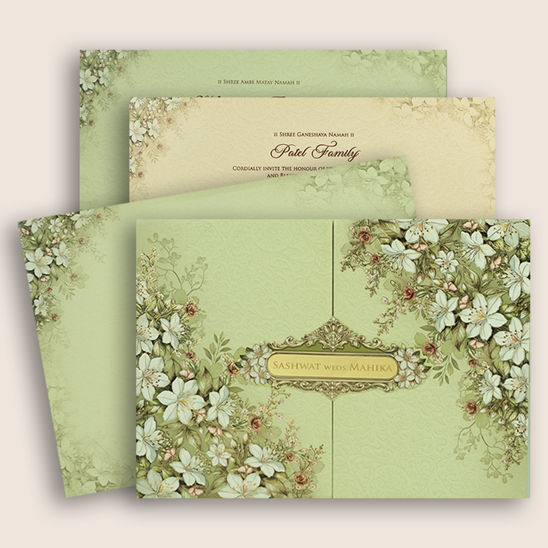Pista Green Floral Door Style Padded Wedding Card - KRE28790