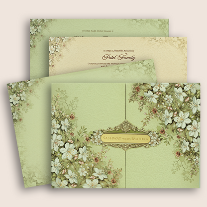 Pista Green Floral Door Style Padded Wedding Card - KRE28790