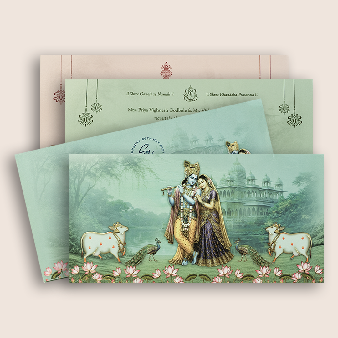 Green Lord Radha Krishna Marriage Card - KVN08040