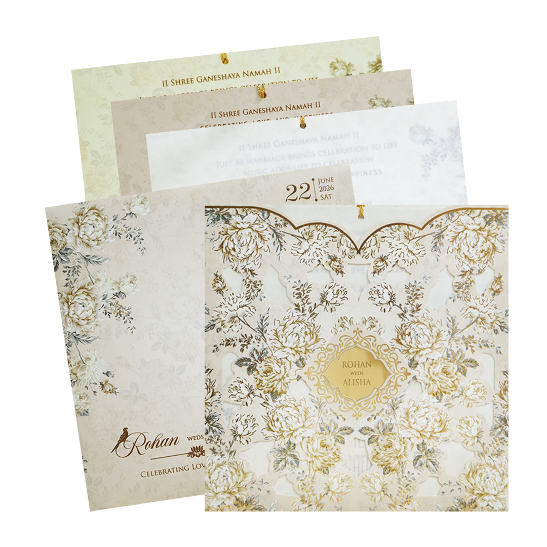 Ivory Cream Laser Cut Embossed Wedding Card-KFR13190