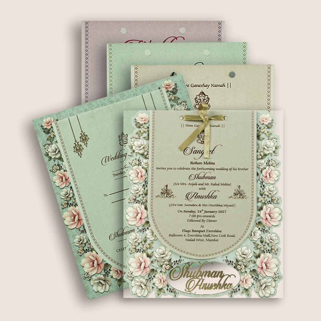 Teal Green Floral MDF Laser Cut Wedding Invitation Card - KRB10050