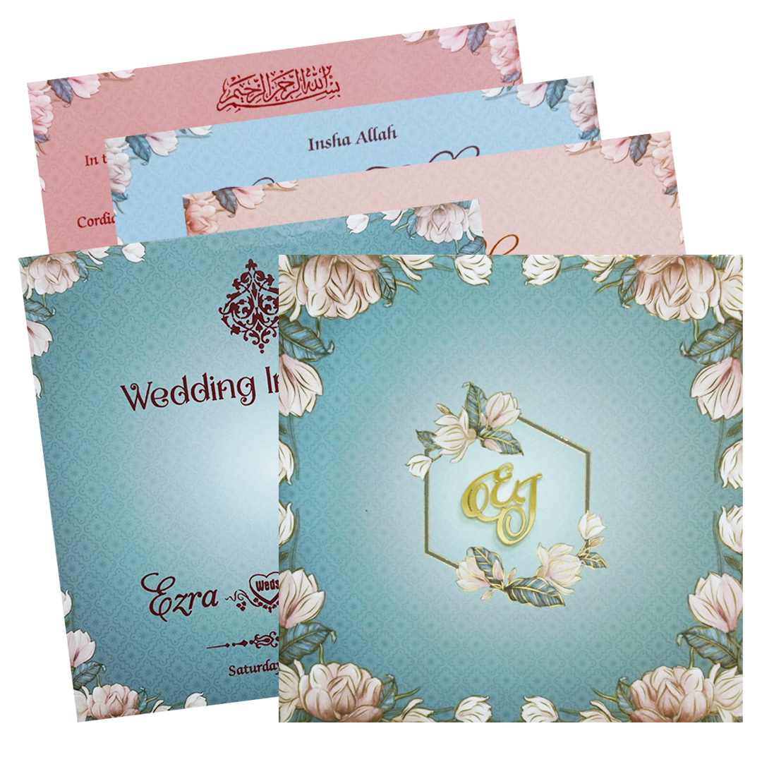 Pastel Blue Floral Envelope Padded Invitation Card - KVN07480
