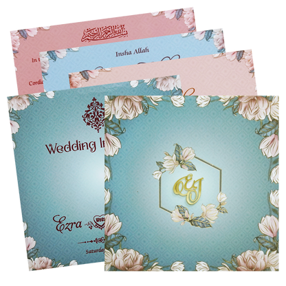Pastel Blue Floral Envelope Padded Invitation Card - KVN07480