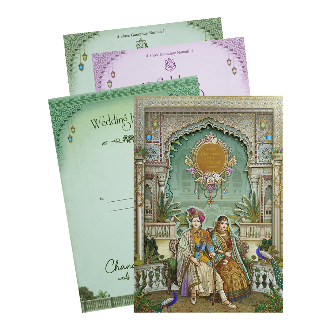 Green Palace Theme Multicolor Wedding Card - KSH73000
