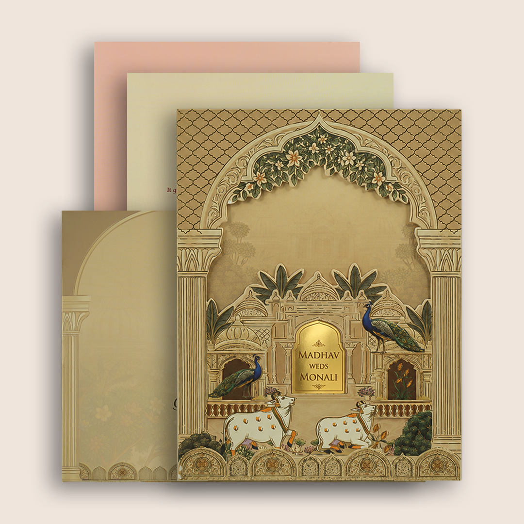 Cream Kamadhenu Floral Laser Cut Padded Invitation Card - KJTS3697