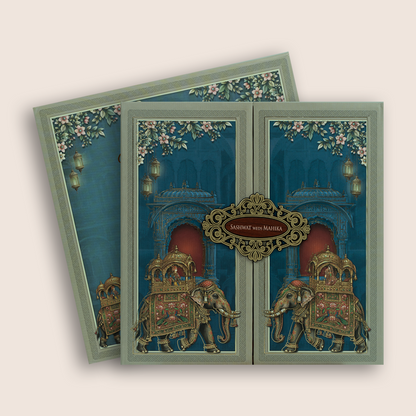 Blue Royal Elephant Door Style Padded Wedding Card - KRE29000
