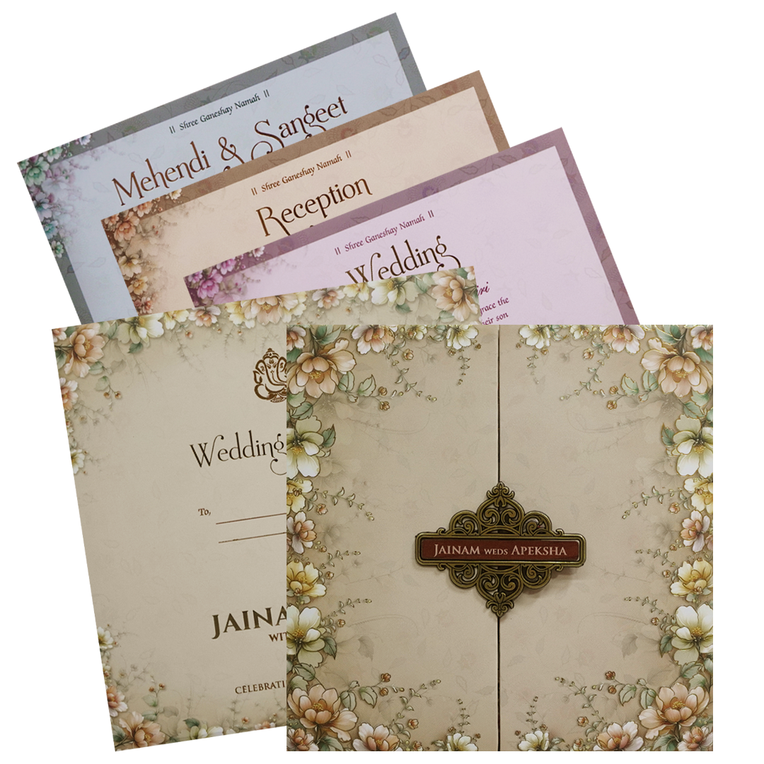 Cream Floral Padded Wedding Card - KSH72730
