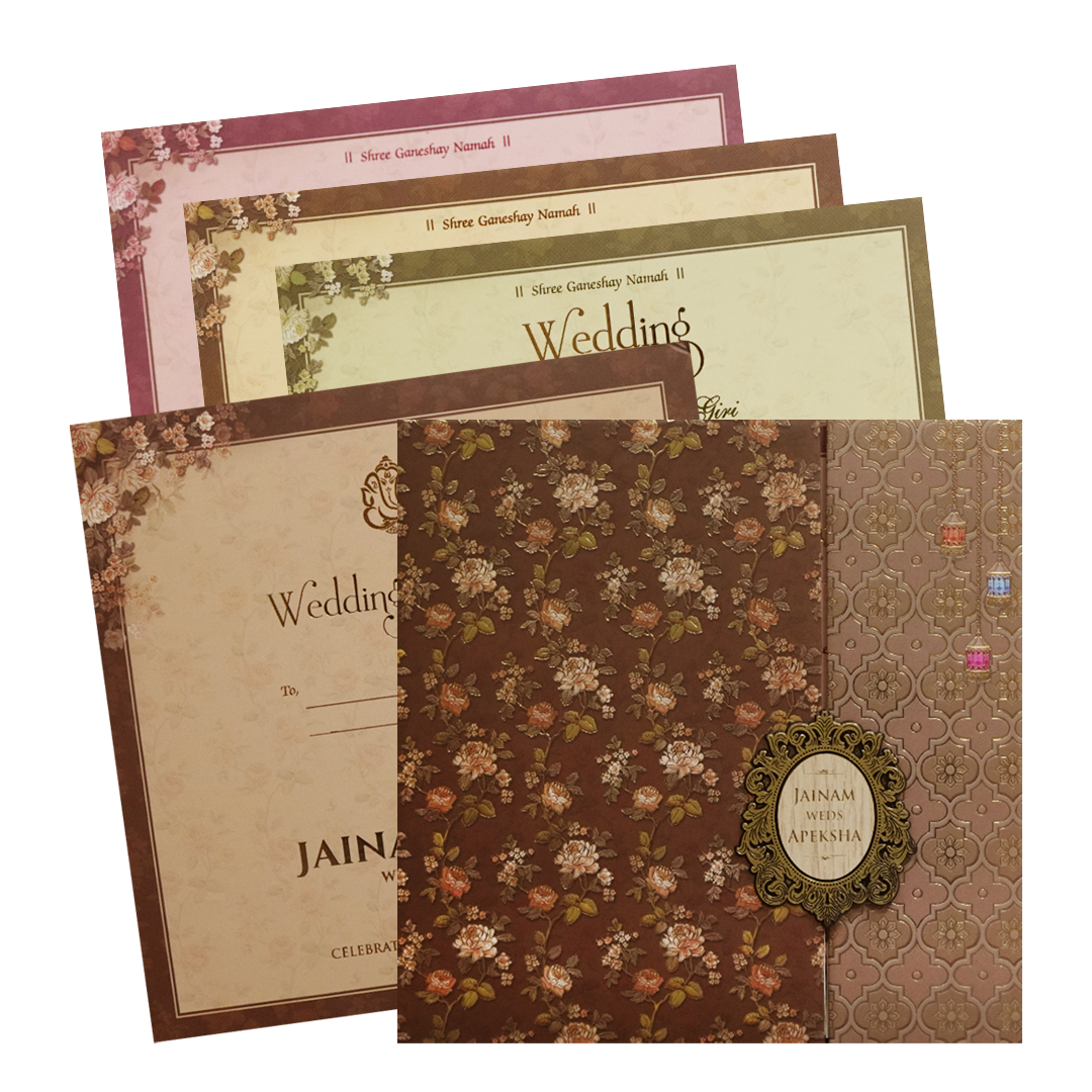 Brown Gold Floral Padded Wedding Card - KSH72850