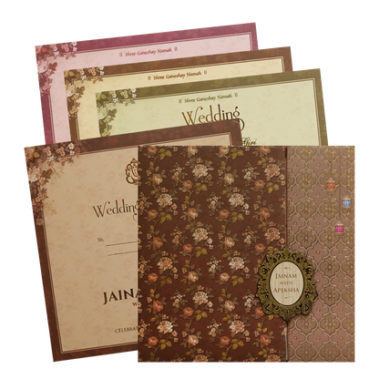 Brown Gold Floral Padded Wedding Card - KSH72850