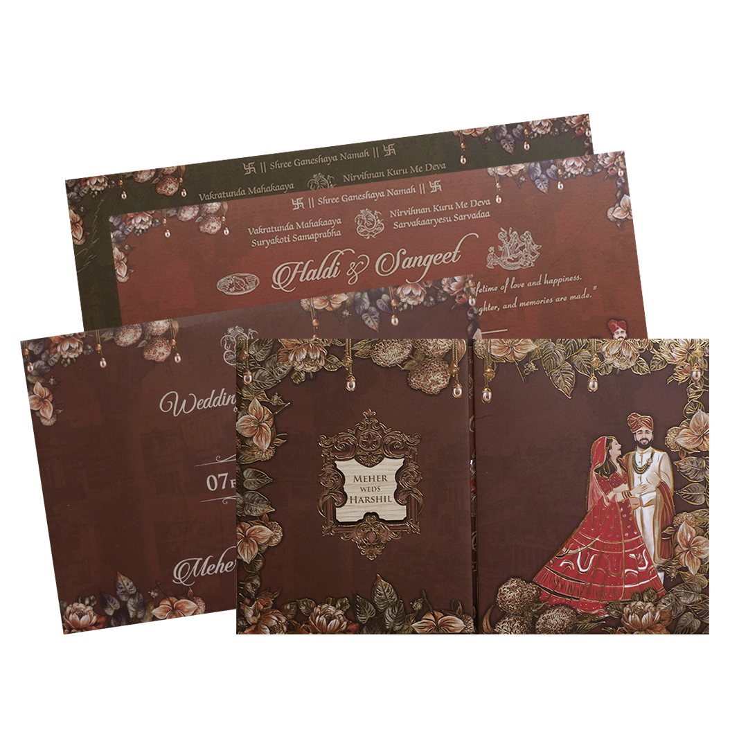Maroon Couple Floral Padded Wedding Invitation Card -KVN07420