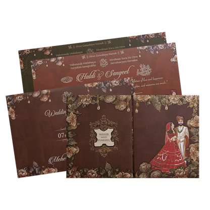 Maroon Couple Floral Padded Wedding Invitation Card -KVN07420