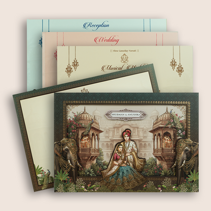 Green Bride Groom Laser Cut Padded Wedding Invitation - KRB10740
