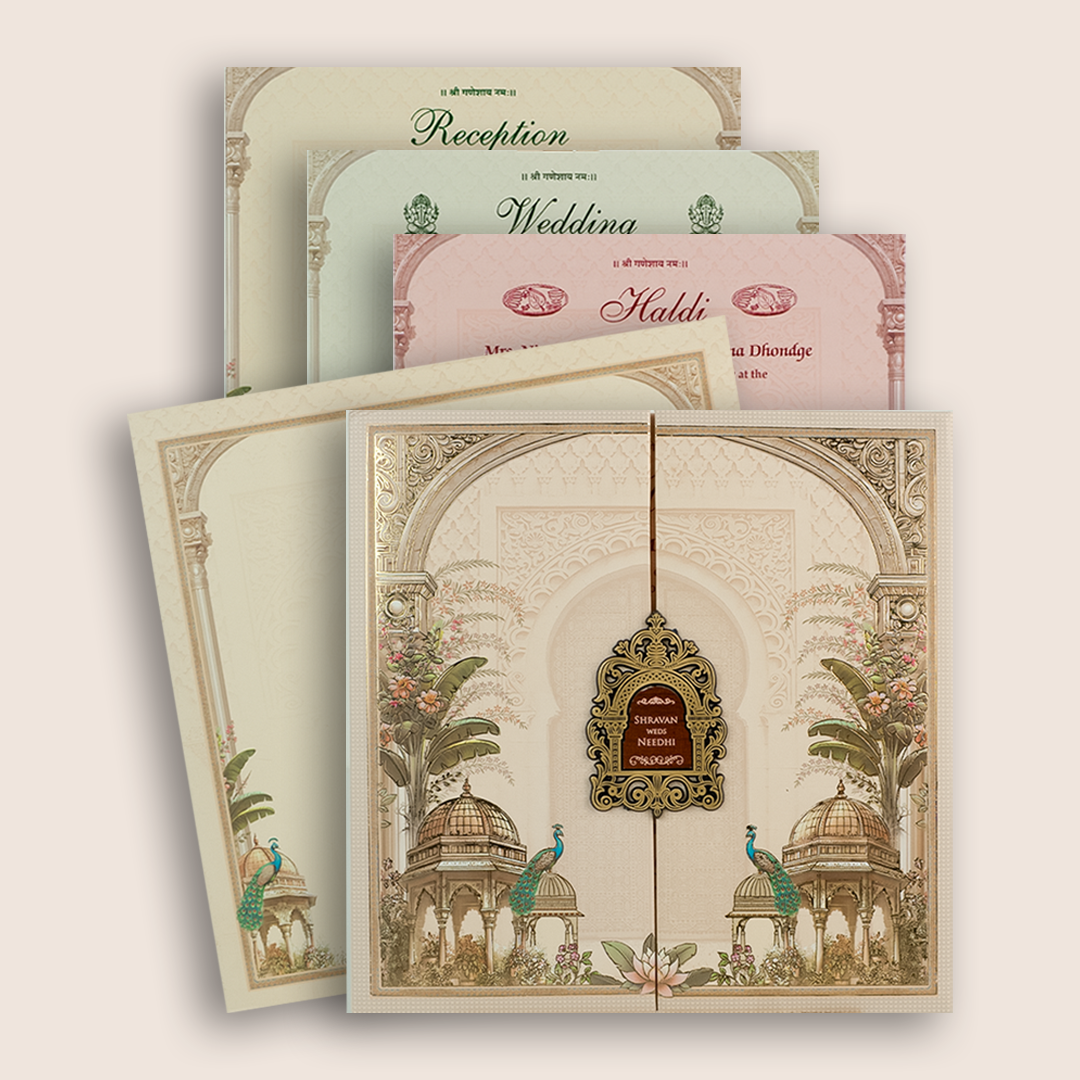 Cream Floral Padded Door Style Wedding Invitation Card-KSH72710