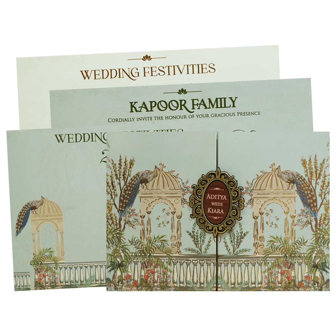 Royal Peacock Pastel Green Wedding Card - KFR16390