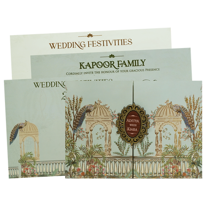 Royal Peacock Pastel Green Wedding Card - KFR16390