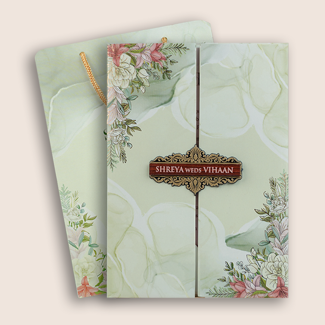 Green Floral Padded Door Style Marriage Card - KVN05660