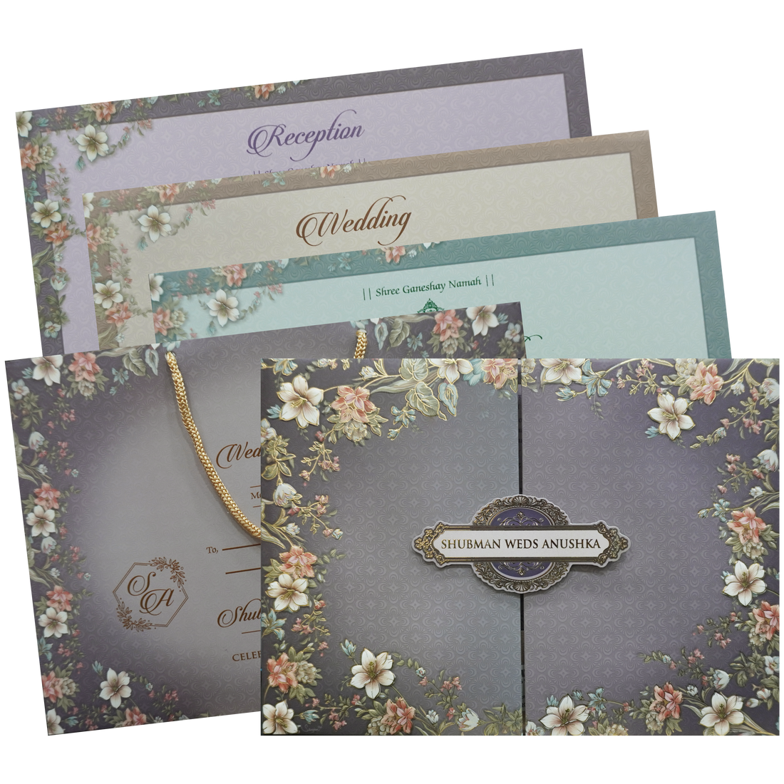 Purple Floral Doorstyle Bag Wedding Card-KRB09590