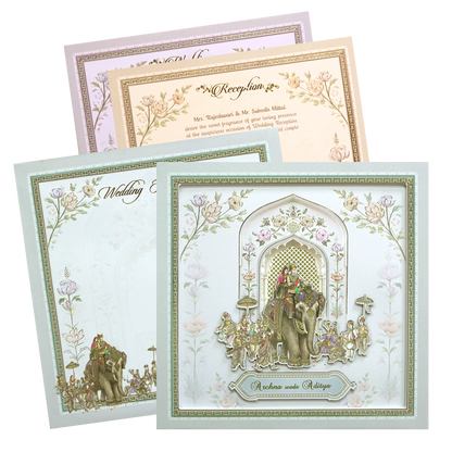 Grey &amp; Gold 3D Padded Elephant Procession Wedding Card-KMMEX8060