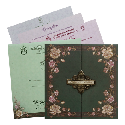 Green Floral Padded Wedding Card - KSH72780