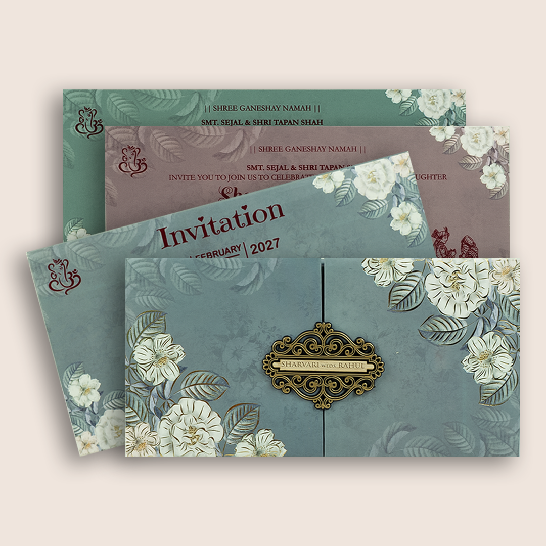 Pastel Blue Floral Padded Door Style Wedding Card - KVN06860
