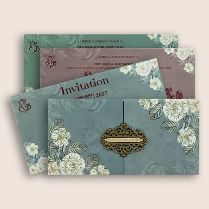 Pastel Blue Floral Padded Door Style Wedding Card - KVN06860