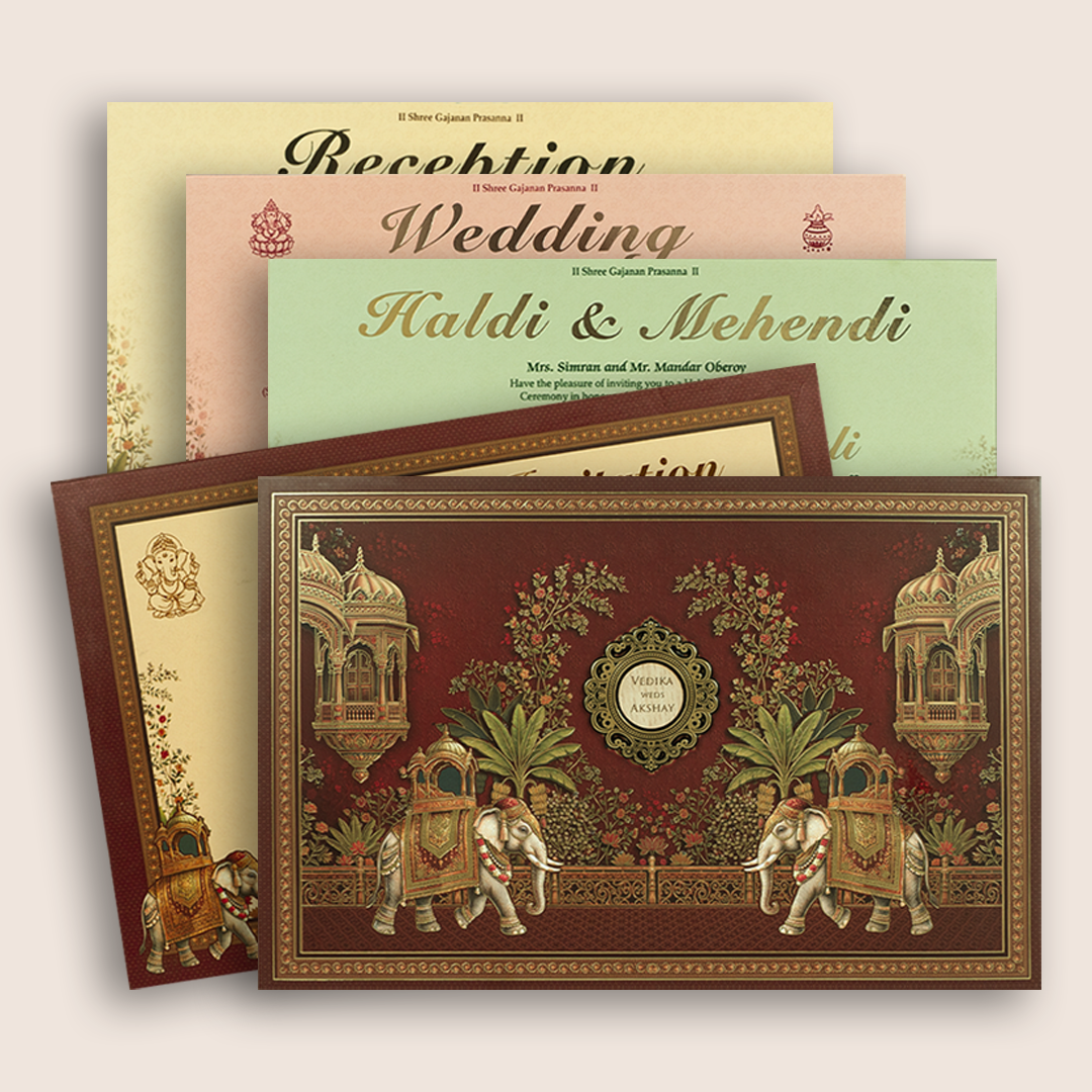 Wine Royal Elephant Padded Wedding Card - KSH18040