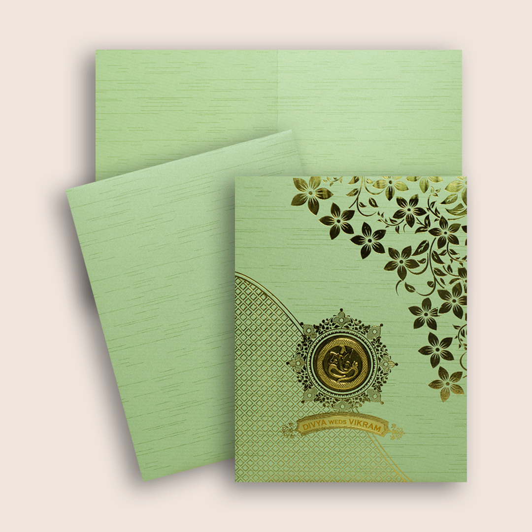 Pastel Green Floral Ganesha Wedding Card - KNRM7082N