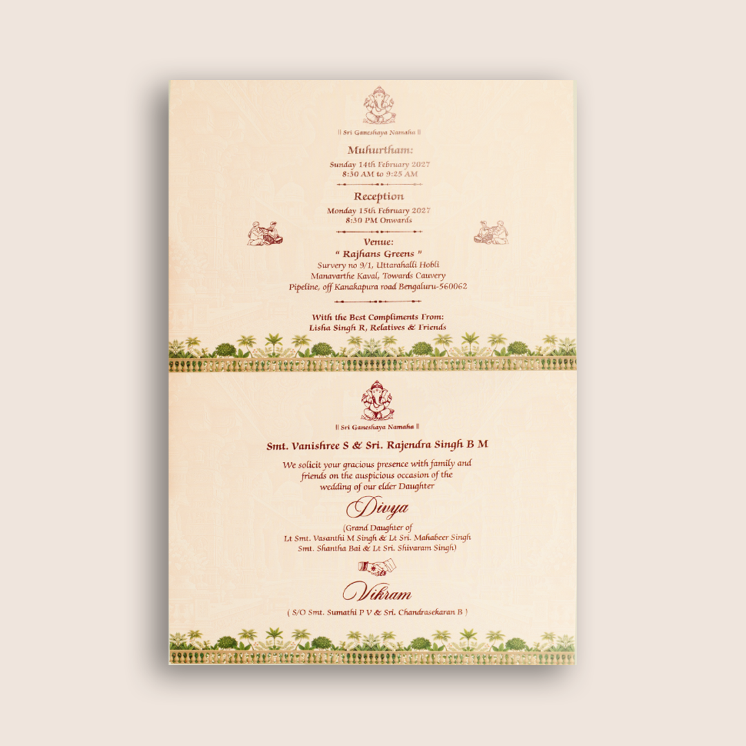 Beige Balaji Padmavathi Floral Wedding Invitation Card - KNCT7411