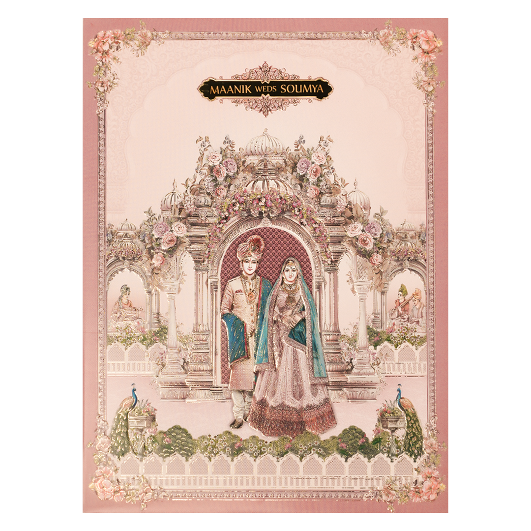 Pink Royal Couple Palace Padded Wedding Card-KSSC2480