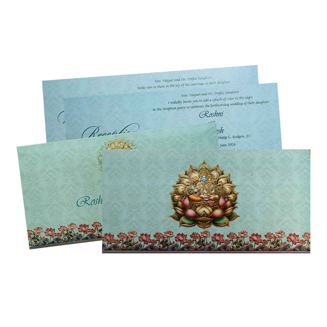 Blue Pastel Vishnu Lakshmi Boxed Wedding Card-KPR06480