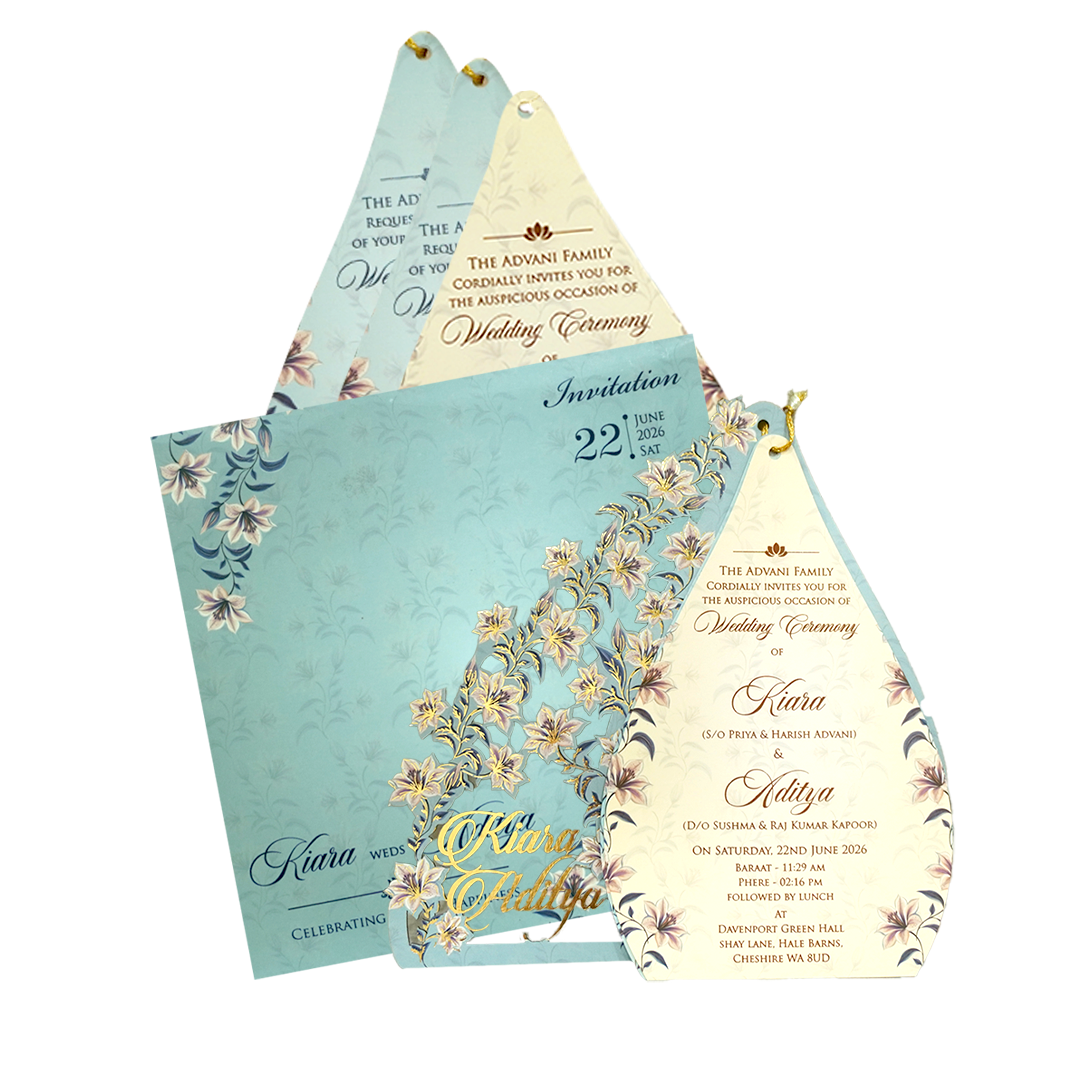 Powder Blue Floral Laser Cut Wedding Card - KFR16090