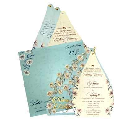 Powder Blue Floral Laser Cut Wedding Card - KFR16090