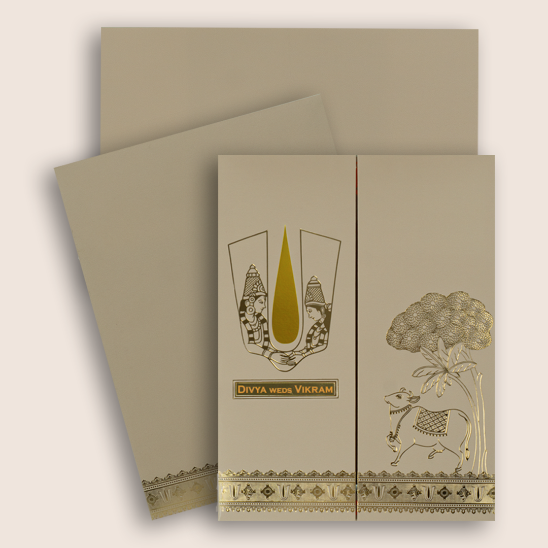 Pastel Pink Kamadhenu Vaishnava Tilak Door Style Wedding Card - KNRM8708P