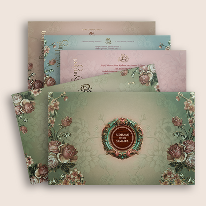 Green Rose Floral Embossed Padded Wedding Card - KVN07250