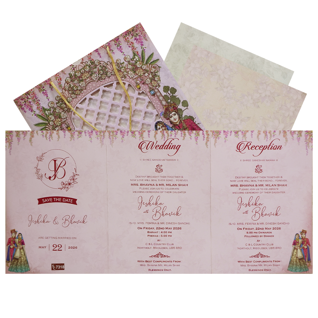 Royal Pink Couple Peacock Bag Wedding Card - KSH73180