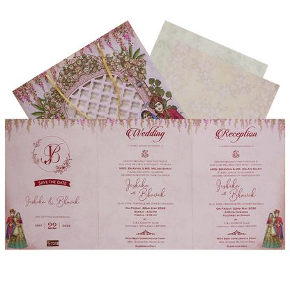 Royal Pink Couple Peacock Bag Wedding Card - KSH73180