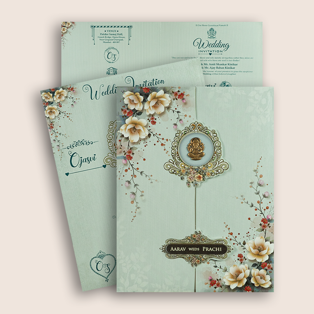 Pastel Blue Floral Door Style Wedding Card - KSH73480