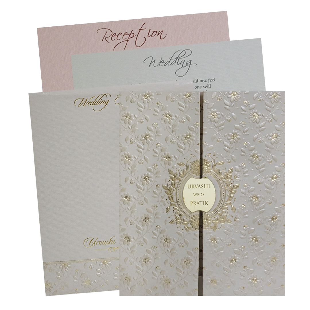 Grey Gold Floral Double Door Padded Wedding Card - KMMWD1115