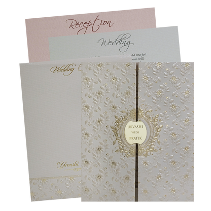 Grey Gold Floral Double Door Padded Wedding Card - KMMWD1115