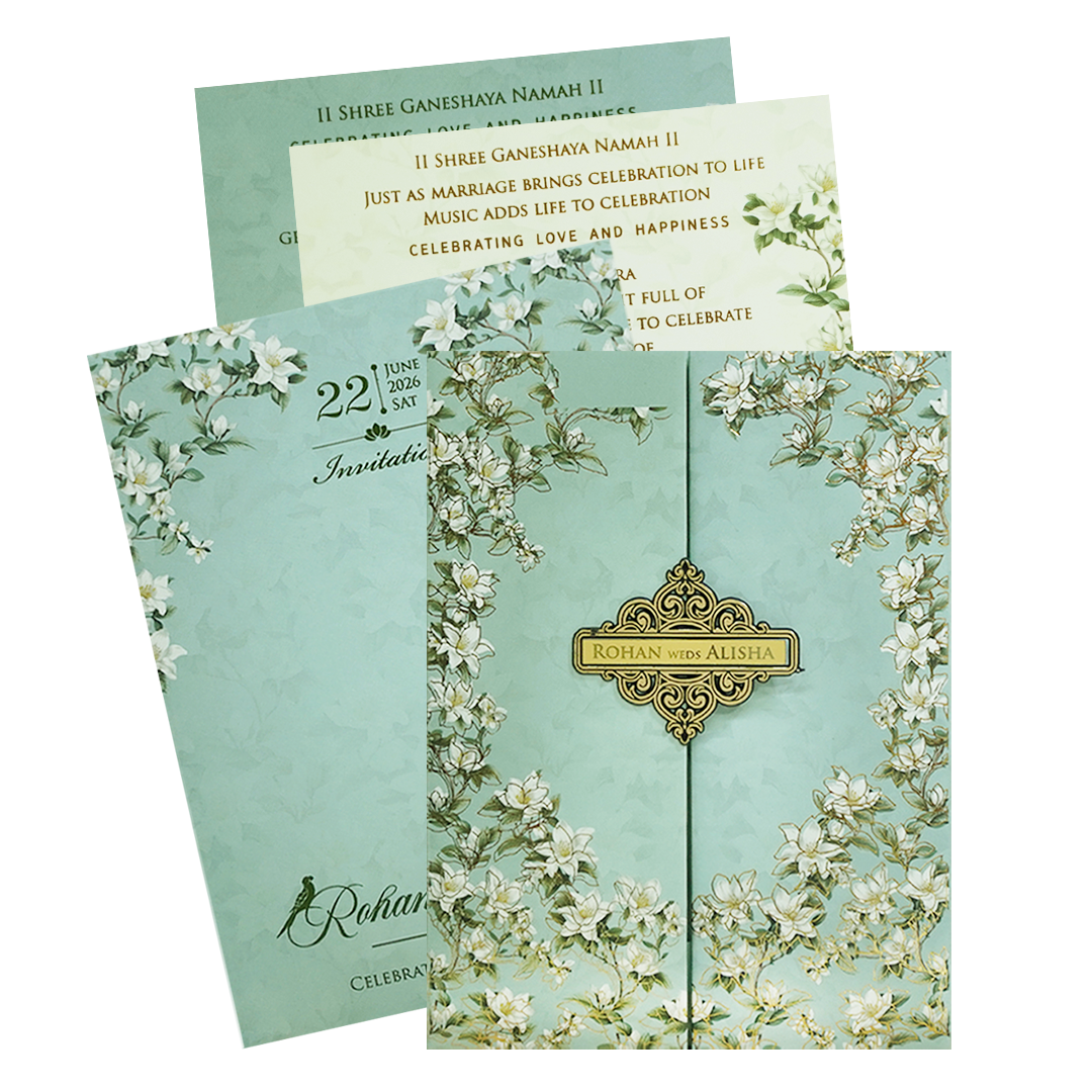Mint Green Magnolia Floral Padded Wedding Card - KFR16410