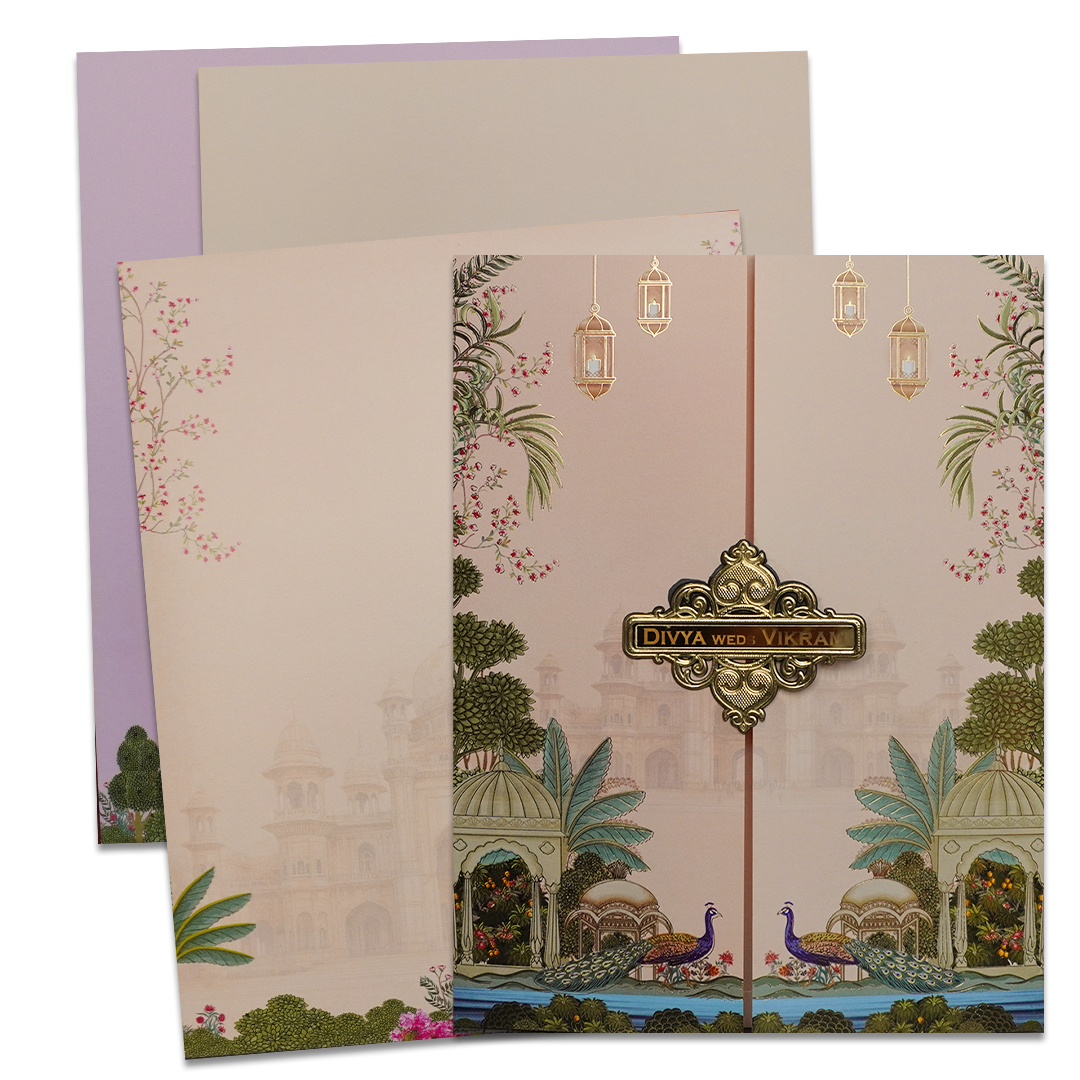 Cream Royal Palace Peacock Wedding Card-KNKJ1147
