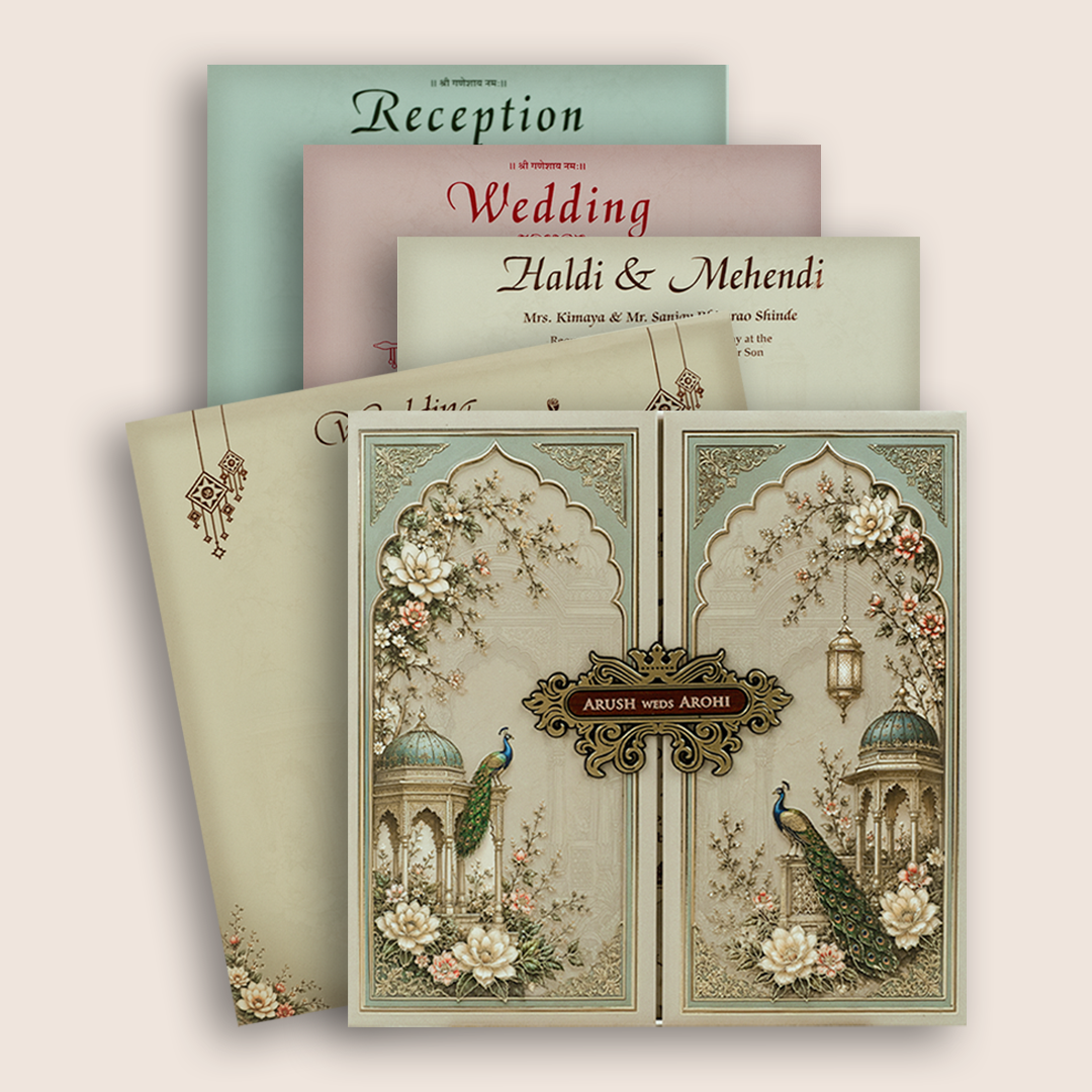 Olive Green Peacock Door Style Padded Wedding Card - KSH18660