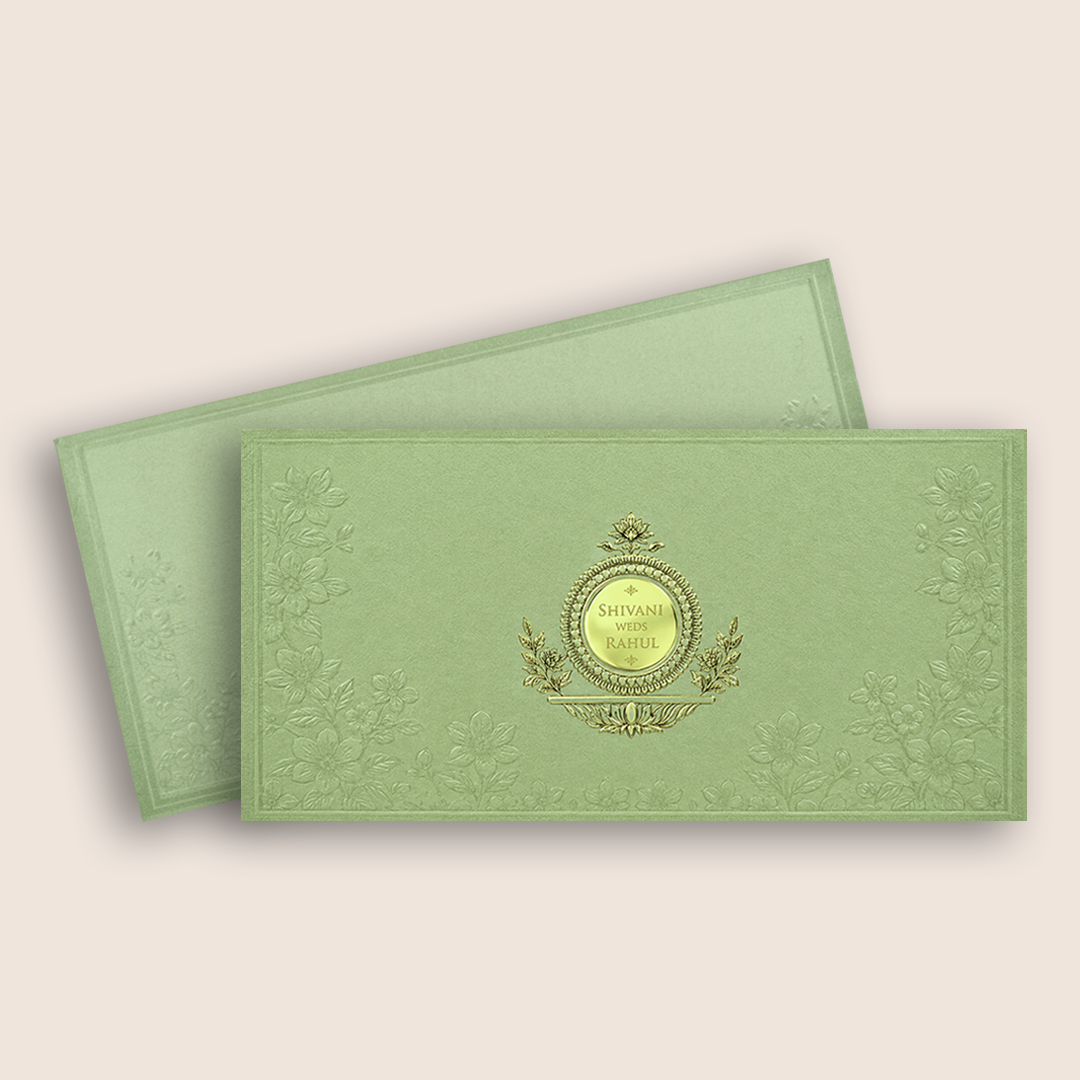 Pista Green Embossed Floral Wedding Card - KPR07580